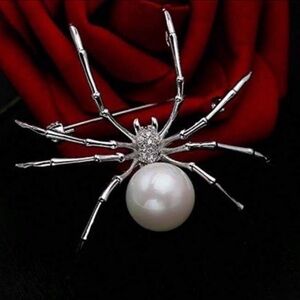 Gothic Spider Brooch, Silver, Jewel Accent, Faux White Pearl